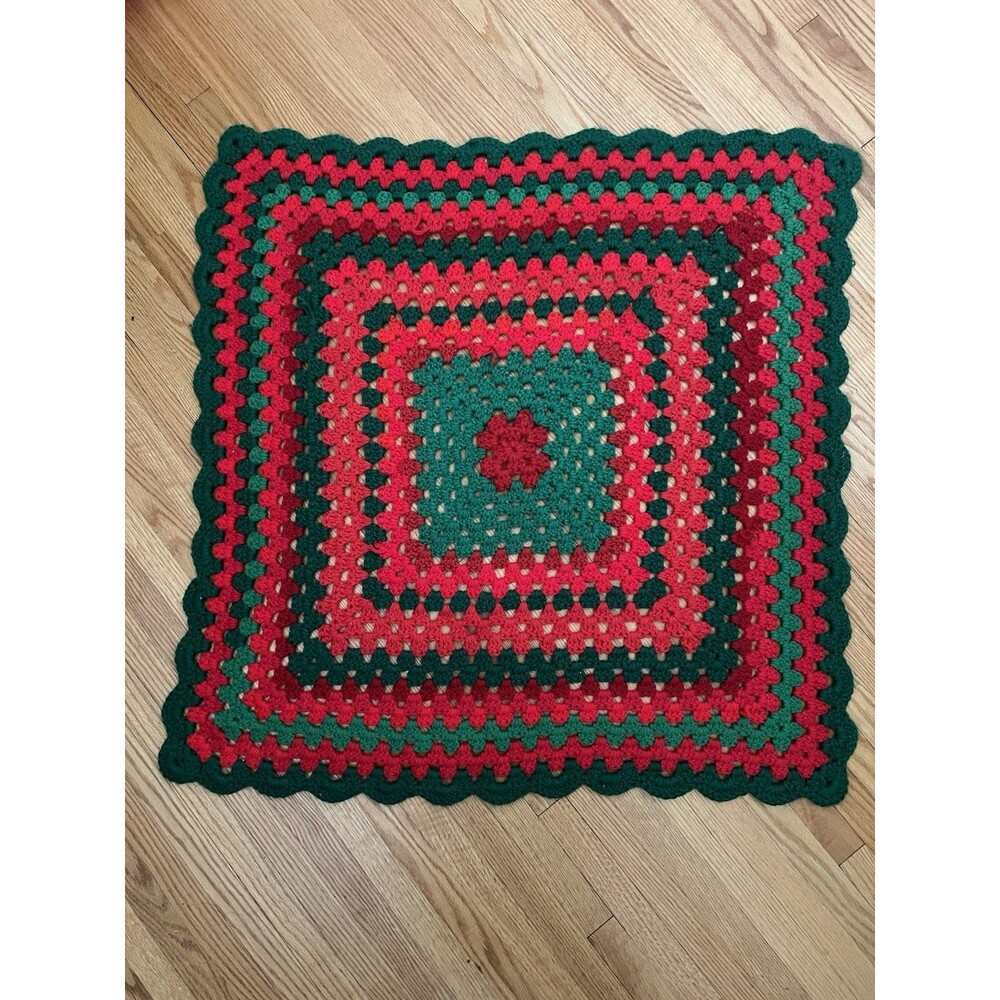 Handmade Crochet Granny Square Throw Red Green Lap Blanket 30x31 Vintage Afghan